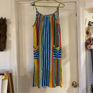 VINTAGE VERTICAL STRIPE POCKETS SUNDRESS/COVER UP TERRY MATERIAL